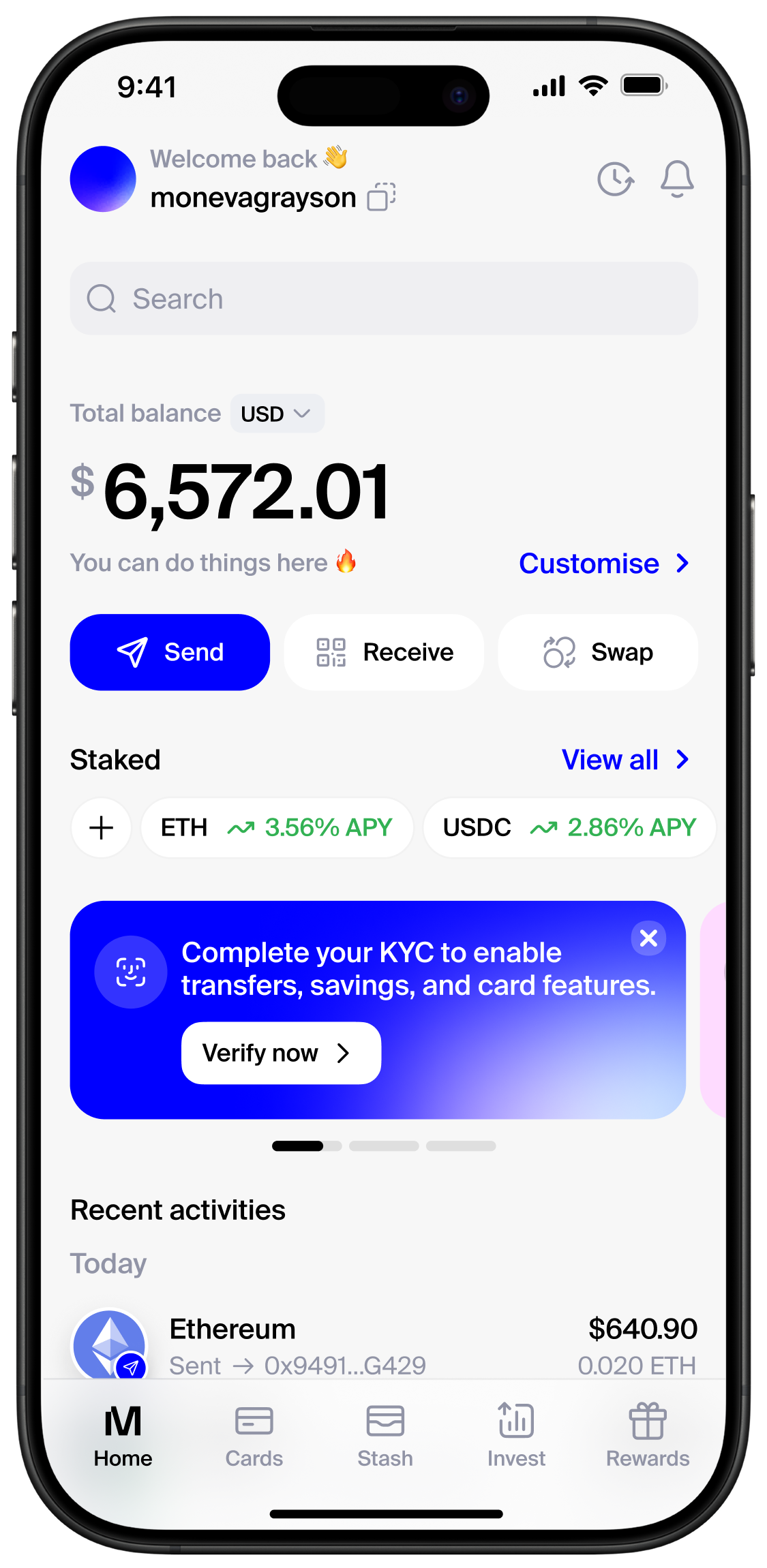 Moneva mobile app showing crypto portfolio and stablecoin balance